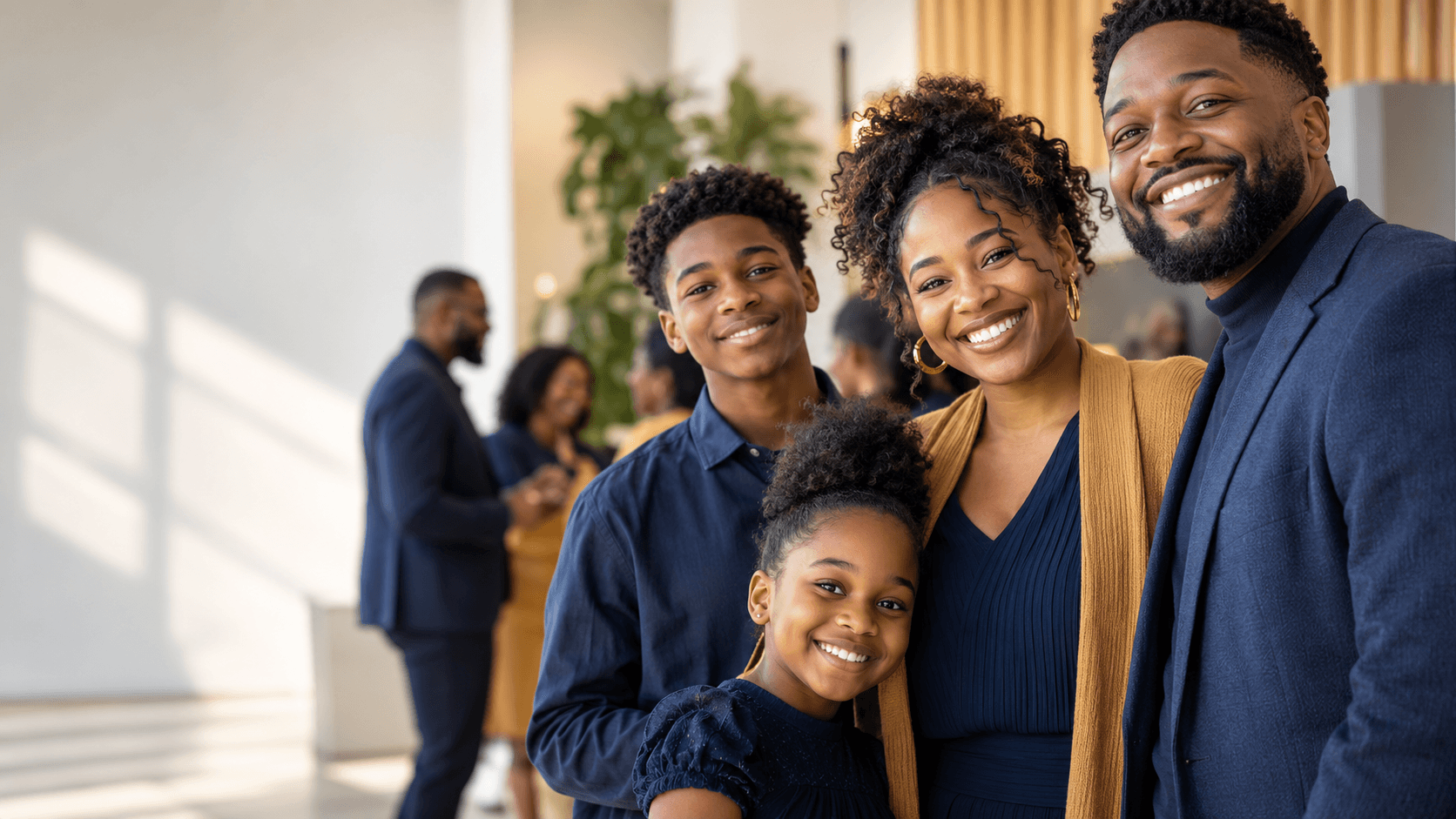 Friends warmly welcoming one another at church
