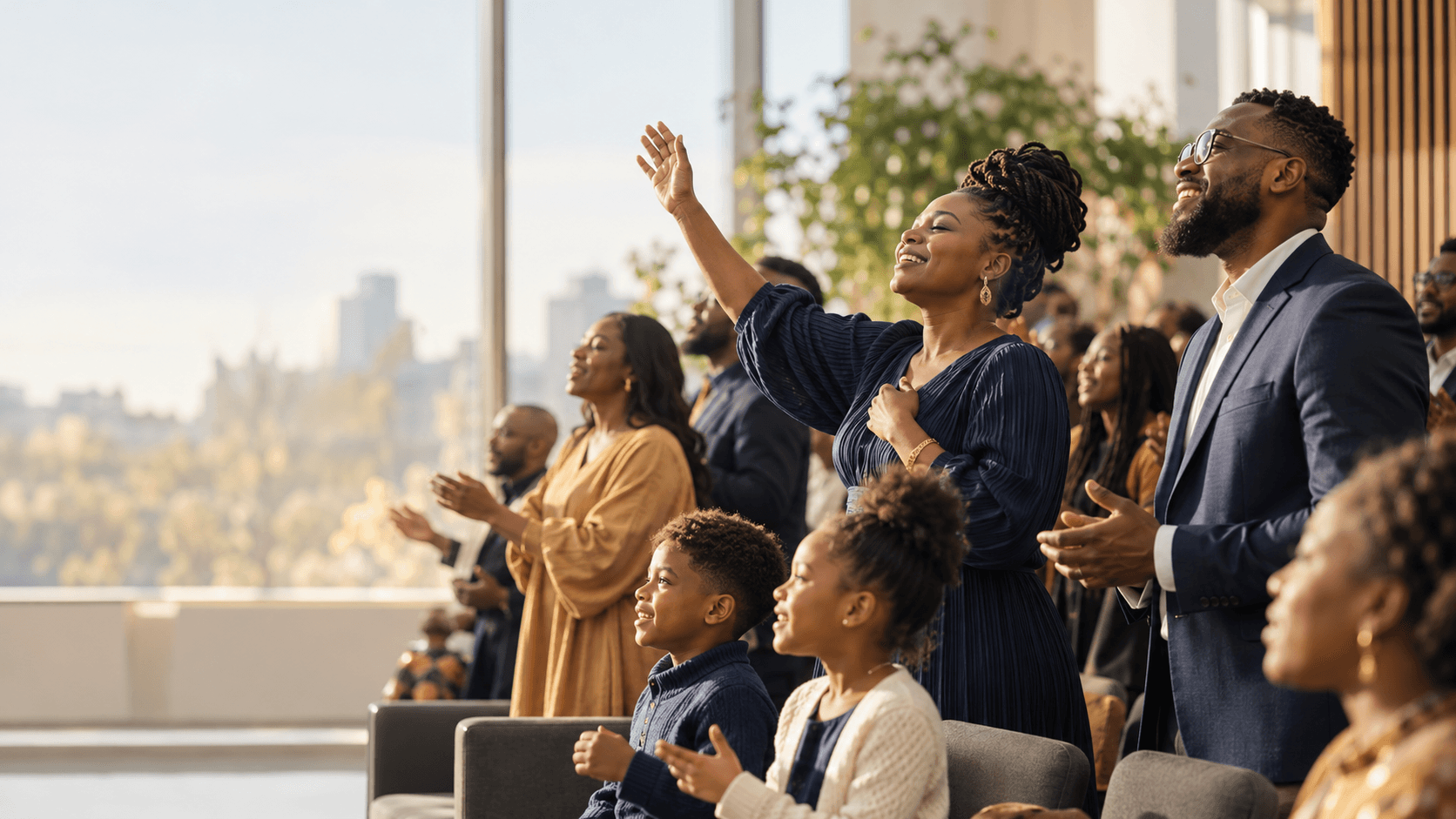 A joyful, multicultural church community worshipping together